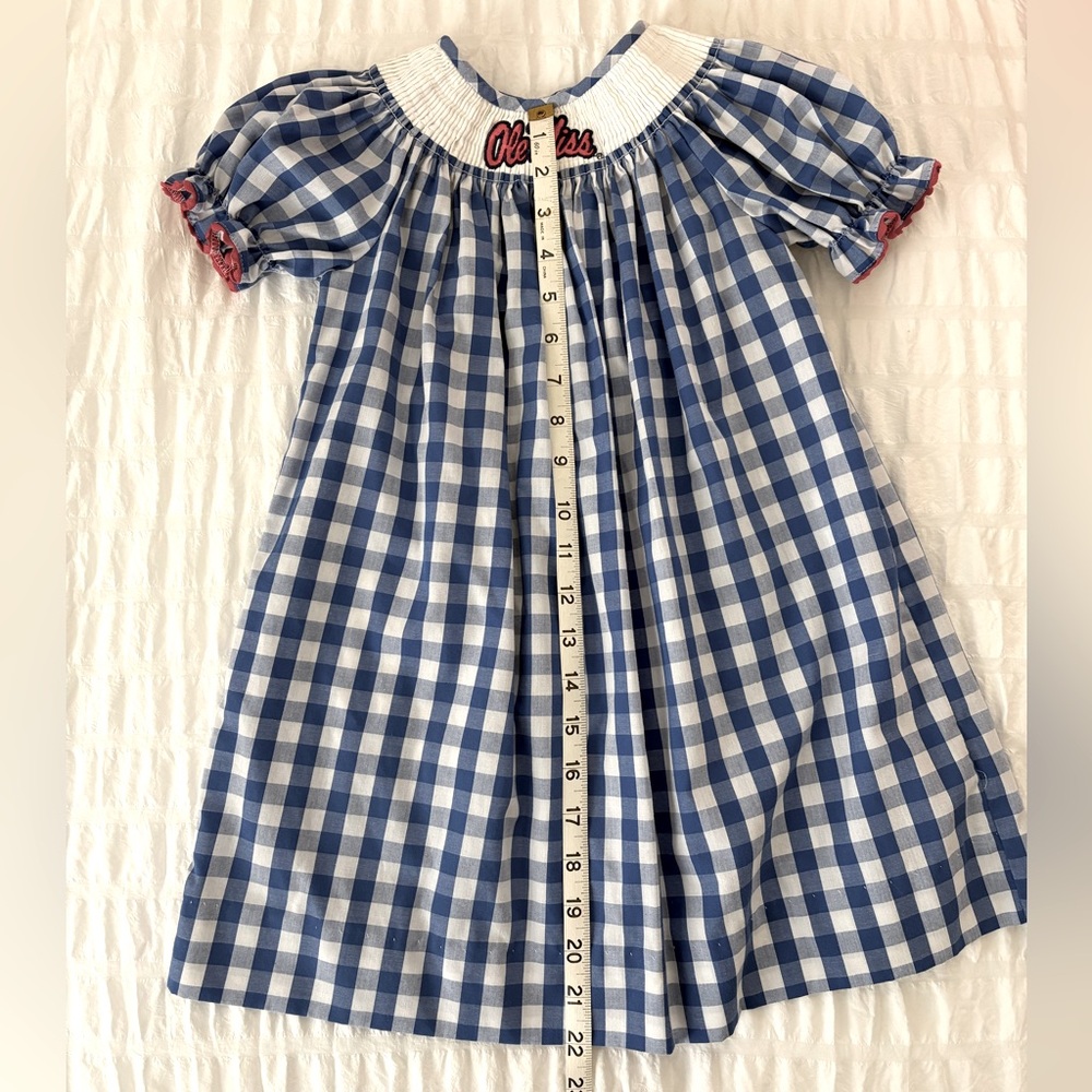 Blue Gingham Bishop Dress with Smocking